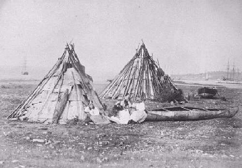 Old photograph of a Micmac encampment on Cape Breton Island